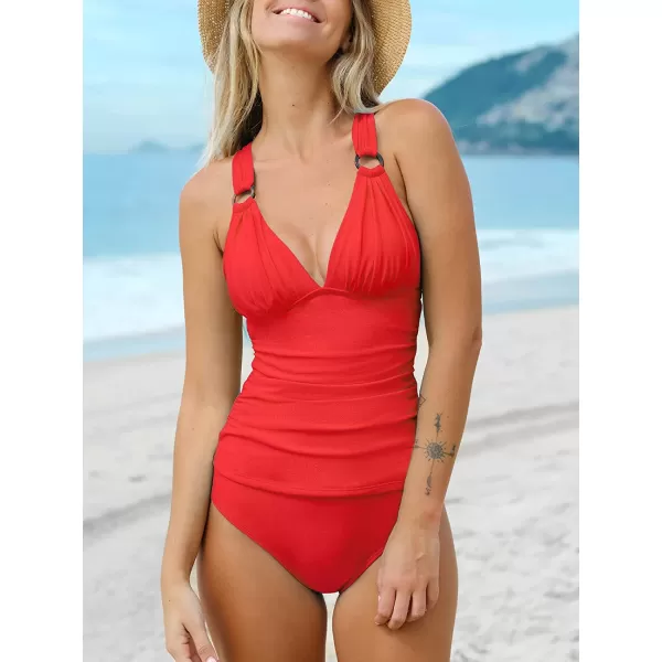 imageCUPSHE Tankini Bathing Suit for Women V Neck Ruched Two Piece Swimsuit ORing Cross Back Self Tie Mid RiseRed
