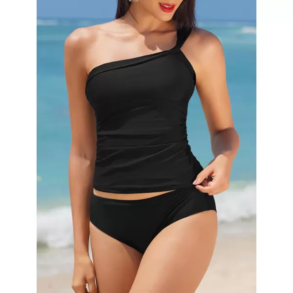 imageCUPSHE Tankini Bathing Suits for Women Two Piece Swimsuit One Shoulder Low Back Adjustable StrapsBlack