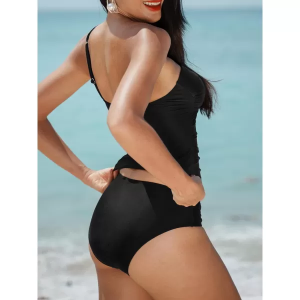 imageCUPSHE Tankini Bathing Suits for Women Two Piece Swimsuit One Shoulder Low Back Adjustable StrapsBlack