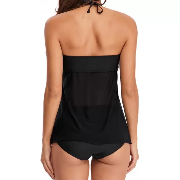 imageCUPSHE Tankini Set Women Two Piece Swimsuit Ruched Wrap Halter Mesh Removable Straps Bathing SuitBlack