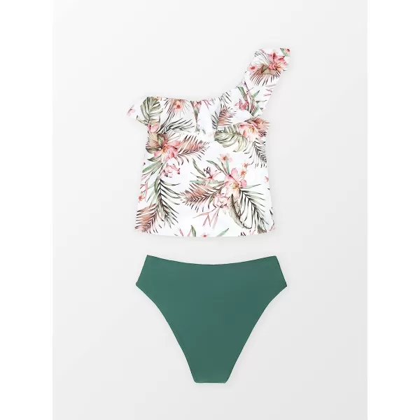 imageCUPSHE Tankini Set for Women Bathing Suit One Shoulder Ruffle Floral Removable Soft Cups Mid Rise BottomGreenampwhite