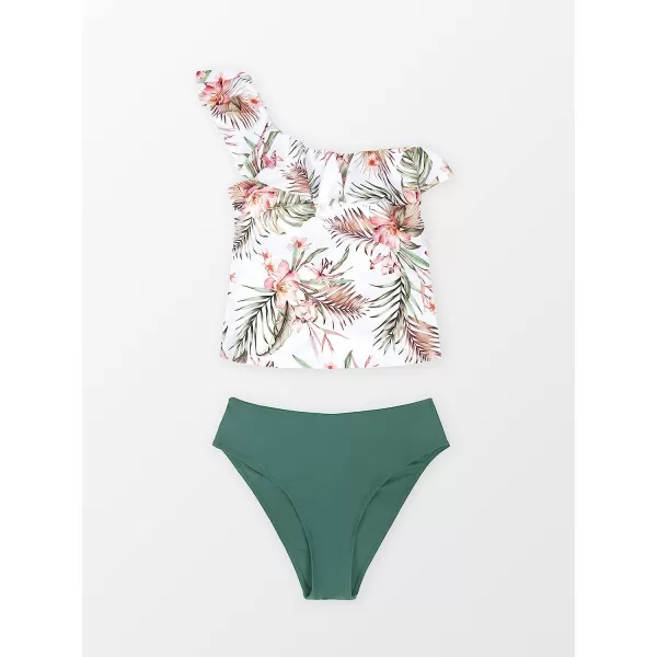 imageCUPSHE Tankini Set for Women Bathing Suit One Shoulder Ruffle Floral Removable Soft Cups Mid Rise BottomGreenampwhite
