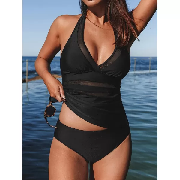 imageCUPSHE Tankini Set for Women Swimsuits Halter Mid Waist Mesh Tummy Control Deep V NeckBlack