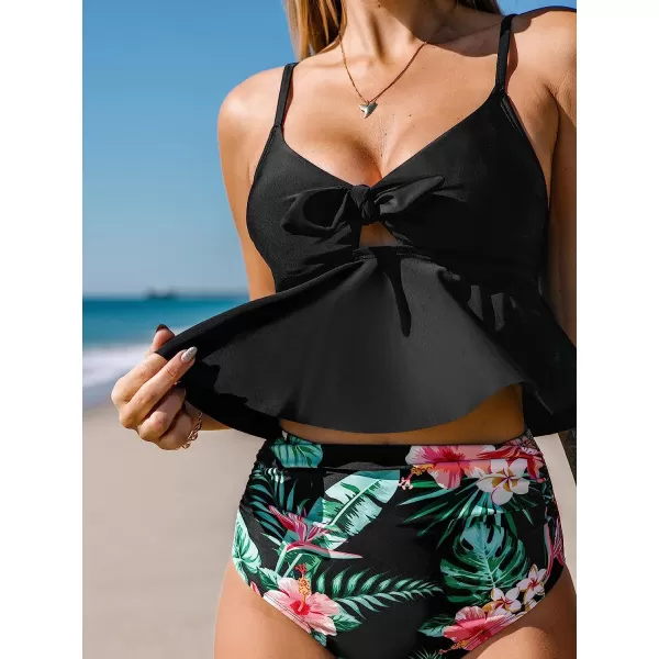 imageCUPSHE Tankini Set for Women Swimsuits Ruffled High Waisted Tummy Control Knot Adjustable StrapsBlack Tropical Print