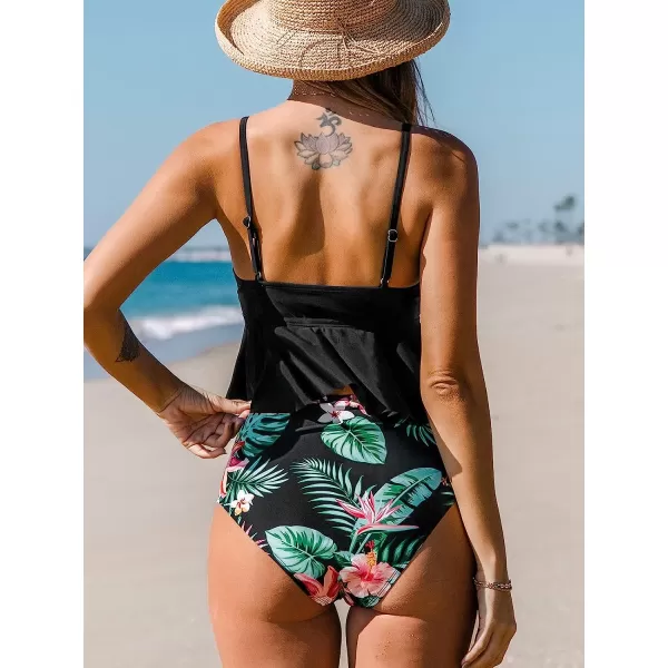 imageCUPSHE Tankini Set for Women Swimsuits Ruffled High Waisted Tummy Control Knot Adjustable StrapsBlack Tropical Print