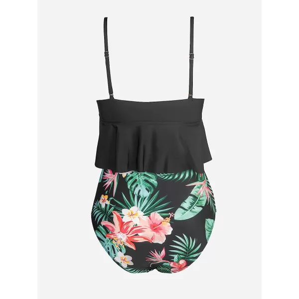 imageCUPSHE Tankini Set for Women Swimsuits Ruffled High Waisted Tummy Control Knot Adjustable StrapsBlack Tropical Print