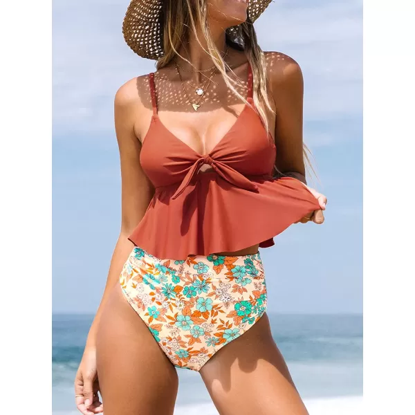 imageCUPSHE Tankini Set for Women Swimsuits Ruffled High Waisted Tummy Control Knot Adjustable StrapsRed Floral