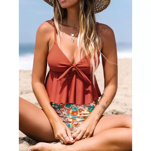 imageCUPSHE Tankini Set for Women Swimsuits Ruffled High Waisted Tummy Control Knot Adjustable StrapsRed Floral