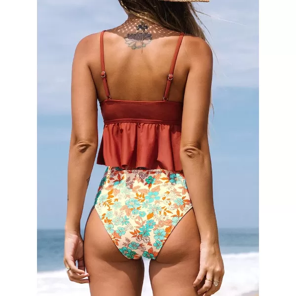 imageCUPSHE Tankini Set for Women Swimsuits Ruffled High Waisted Tummy Control Knot Adjustable StrapsRed Floral