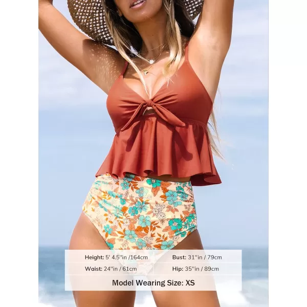 imageCUPSHE Tankini Set for Women Tow Piece Swimsuits High Waisted Adjustable Straps Cutout Knot Ruched BottomRust Red