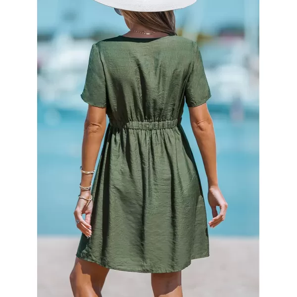imageCUPSHE Textured ButtonFront Mini Dress Short Sleeves V Neck Dresses Casual SummerGreen