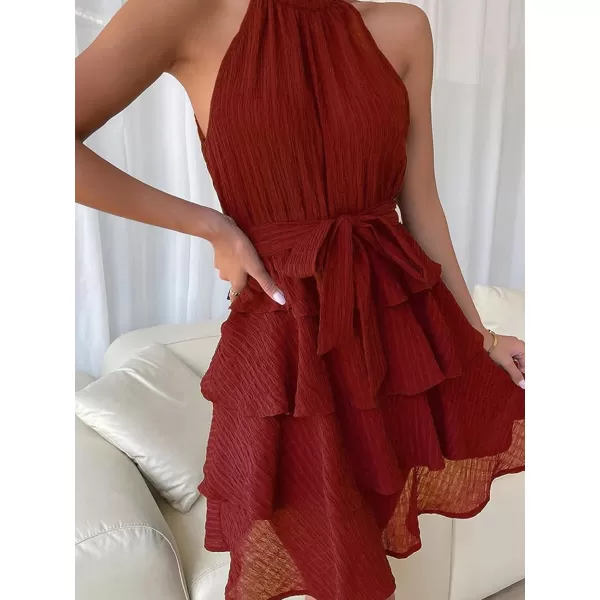 imageCUPSHE Tiered Ruffle Dress for Women High Neck A Line Waist Self Tie Burgundy Cocktail Party DressRed