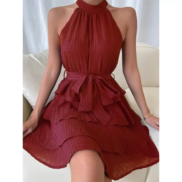 imageCUPSHE Tiered Ruffle Dress for Women High Neck A Line Waist Self Tie Burgundy Cocktail Party DressRed
