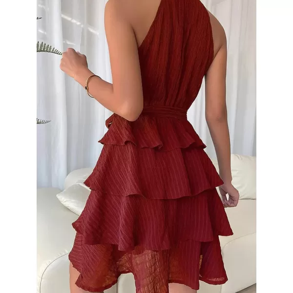 imageCUPSHE Tiered Ruffle Dress for Women High Neck A Line Waist Self Tie Burgundy Cocktail Party DressRed