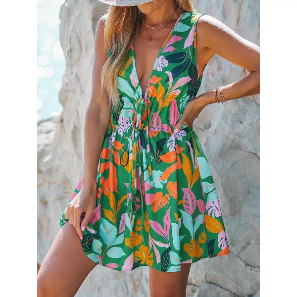 imageCUPSHE Tropical Leaf Print Plunge Mini Dress Sleeveless Dress Casual Beach SummerGreen