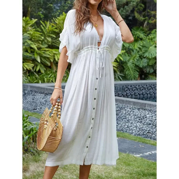imageCUPSHE White Dress for Women Midi Button Down Cover Up Short Ruffle Sleeves Elastic Waist Pocket Frill V Neck XLCUPSHE White Dress for Women Midi Button Down Cover Up Short Ruffle Sleeves Elastic Waist Pocket Frill V Neck XL