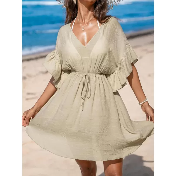 imageCUPSHE Women 2024 Swimsuit Coverup Casual V Neck Ruffle Sleeve Bikini Cover Ups Tie Waist Beach DressLight Khaki