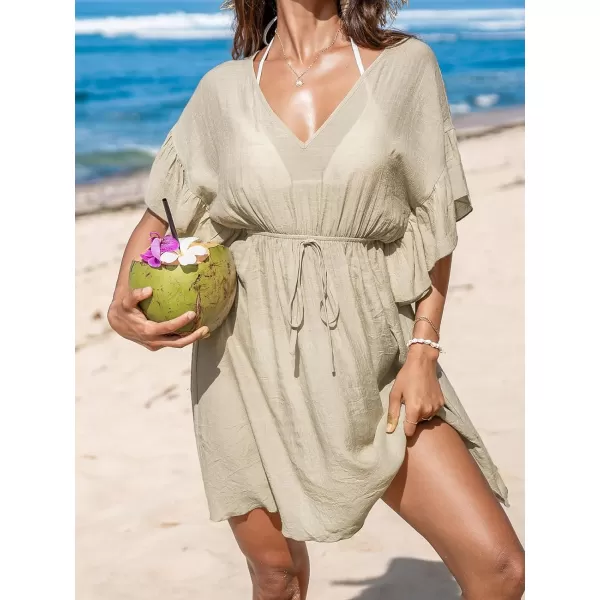 imageCUPSHE Women 2024 Swimsuit Coverup Casual V Neck Ruffle Sleeve Bikini Cover Ups Tie Waist Beach DressLight Khaki