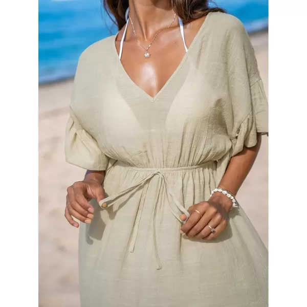 imageCUPSHE Women 2024 Swimsuit Coverup Casual V Neck Ruffle Sleeve Bikini Cover Ups Tie Waist Beach DressLight Khaki