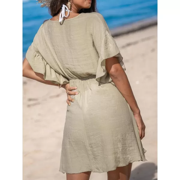 imageCUPSHE Women 2024 Swimsuit Coverup Casual V Neck Ruffle Sleeve Bikini Cover Ups Tie Waist Beach DressLight Khaki