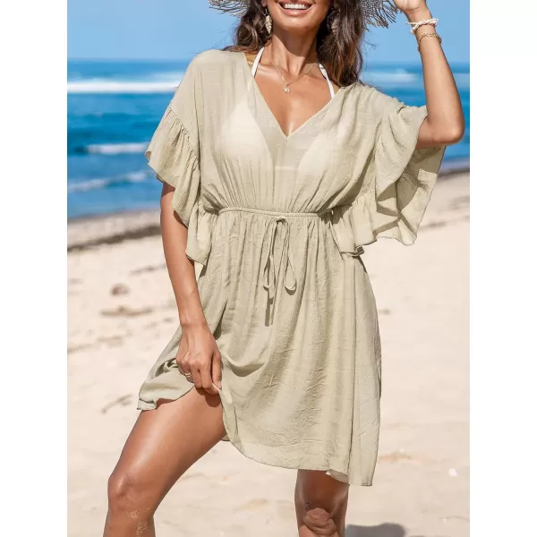 imageCUPSHE Women 2024 Swimsuit Coverup Casual V Neck Ruffle Sleeve Bikini Cover Ups Tie Waist Beach DressLight Khaki