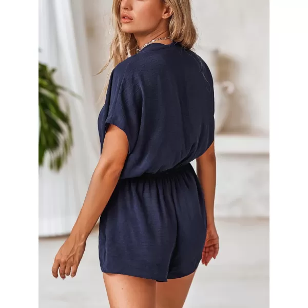 imageCUPSHE Women 2024 Wrap Drape Ruched Short Sleeve Jumpsuit V Neck Cinched Waist Casual One Piece Romper OutfitBlue