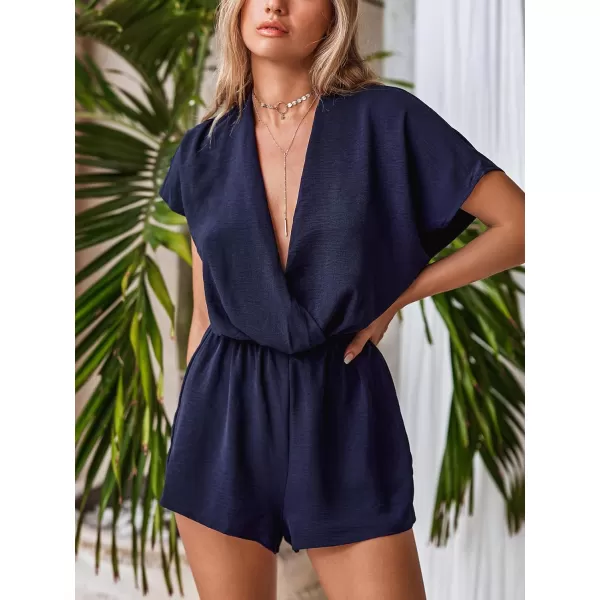 imageCUPSHE Women 2024 Wrap Drape Ruched Short Sleeve Jumpsuit V Neck Cinched Waist Casual One Piece Romper OutfitBlue