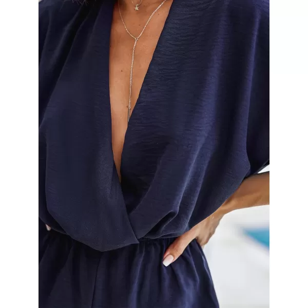 imageCUPSHE Women 2024 Wrap Drape Ruched Short Sleeve Jumpsuit V Neck Cinched Waist Casual One Piece Romper OutfitBlue