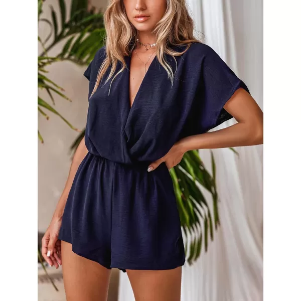 imageCUPSHE Women 2024 Wrap Drape Ruched Short Sleeve Jumpsuit V Neck Cinched Waist Casual One Piece Romper OutfitBlue