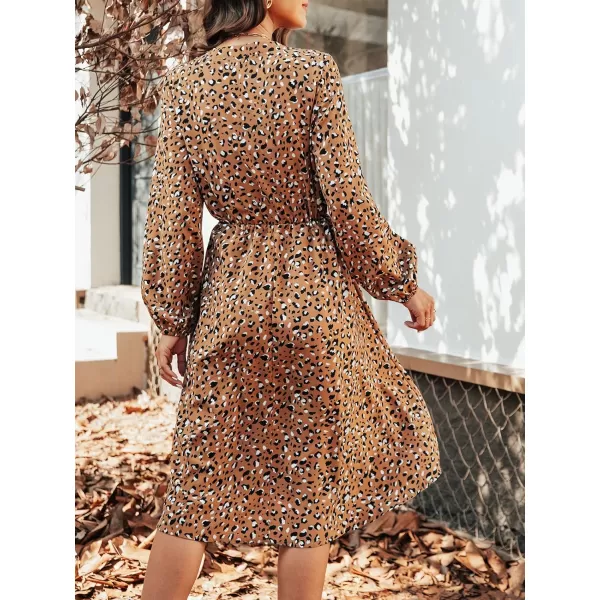 imageCUPSHE Women Animal Leopard Print Dress Long Sleeve Mock Neck Drawstring Waist Midi DressesBrown