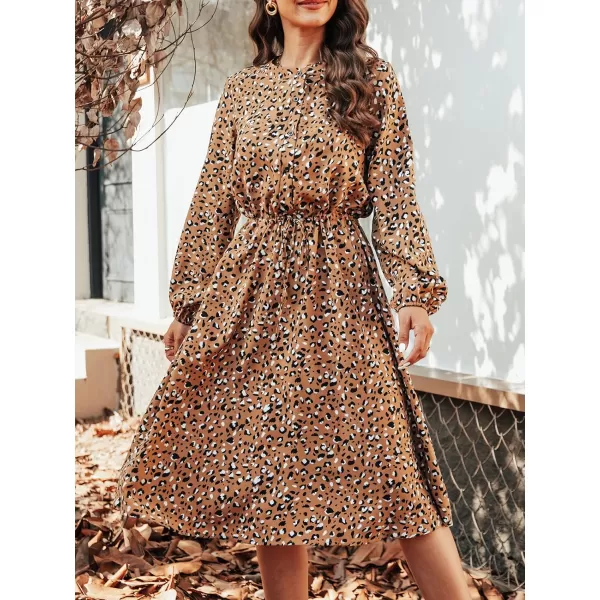 imageCUPSHE Women Animal Leopard Print Dress Long Sleeve Mock Neck Drawstring Waist Midi DressesBrown
