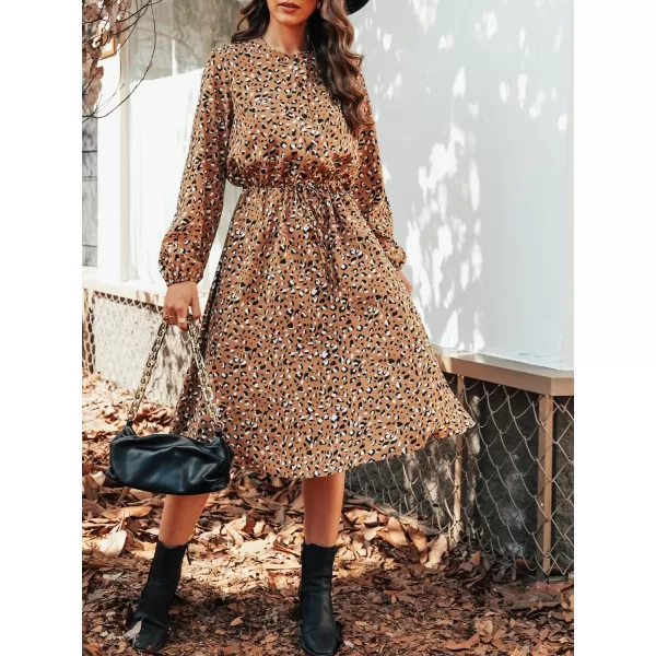 imageCUPSHE Women Animal Leopard Print Dress Long Sleeve Mock Neck Drawstring Waist Midi DressesBrown