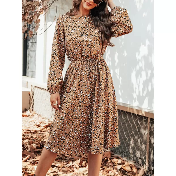 imageCUPSHE Women Animal Leopard Print Dress Long Sleeve Mock Neck Drawstring Waist Midi DressesBrown