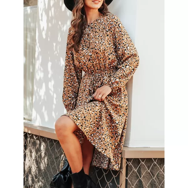 imageCUPSHE Women Animal Leopard Print Dress Long Sleeve Mock Neck Drawstring Waist Midi DressesBrown