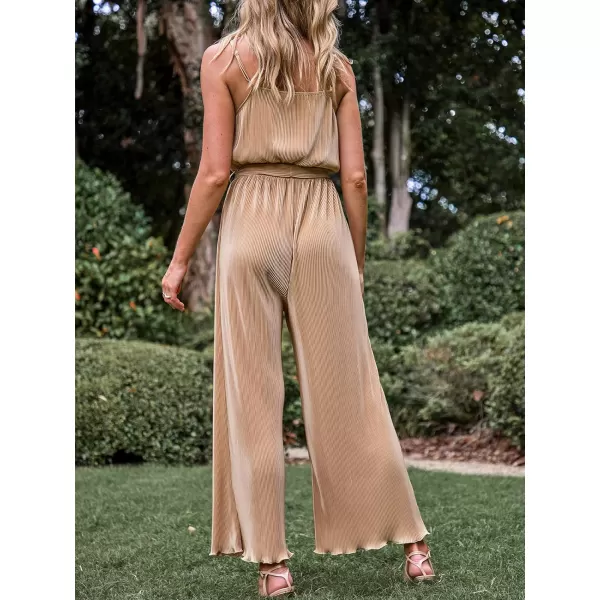 imageCUPSHE Women Apricot Cowl Neck Wide Leg Jumpsuit Waist Tie Straight leg With Lettuce TrimKhaki