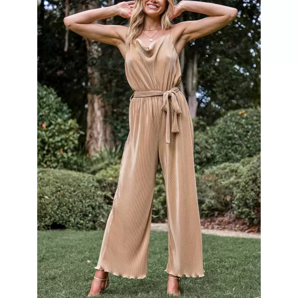 imageCUPSHE Women Apricot Cowl Neck Wide Leg Jumpsuit Waist Tie Straight leg With Lettuce TrimKhaki