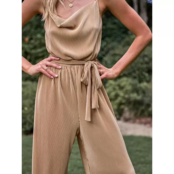 imageCUPSHE Women Apricot Cowl Neck Wide Leg Jumpsuit Waist Tie Straight leg With Lettuce TrimKhaki