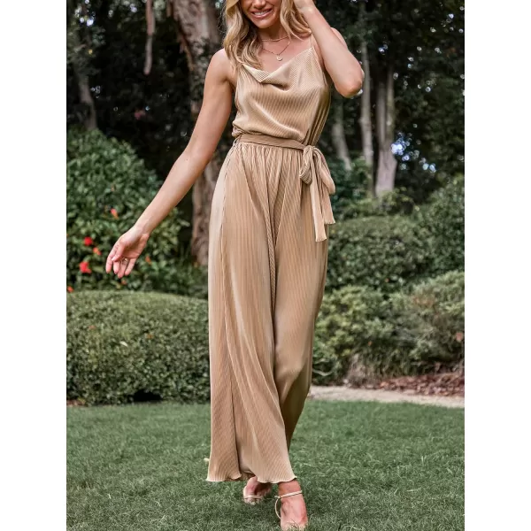 imageCUPSHE Women Apricot Cowl Neck Wide Leg Jumpsuit Waist Tie Straight leg With Lettuce TrimKhaki