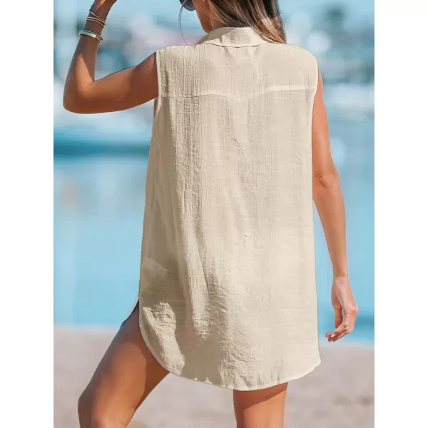 imageCUPSHE Women Basic Collar CoverUp Dress V Neck Shirts Casual Summer Sleeveless Solid Cover Up TopsKhaki