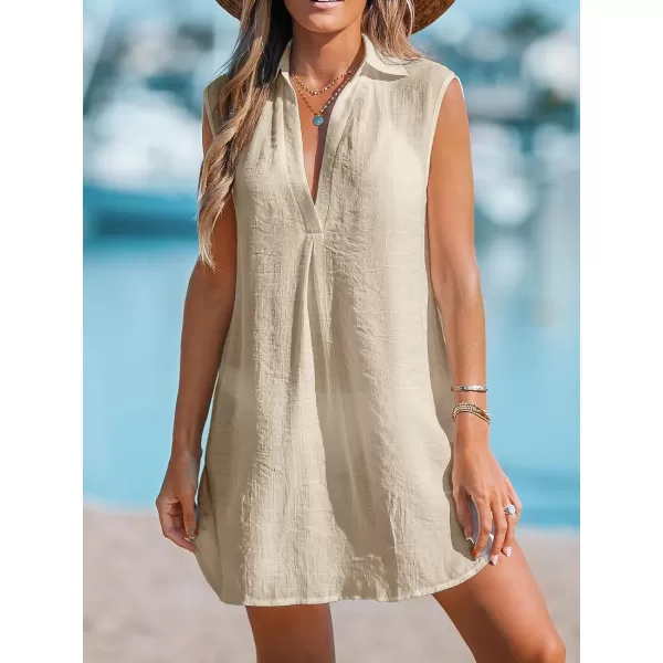 imageCUPSHE Women Basic Collar CoverUp Dress V Neck Shirts Casual Summer Sleeveless Solid Cover Up TopsKhaki