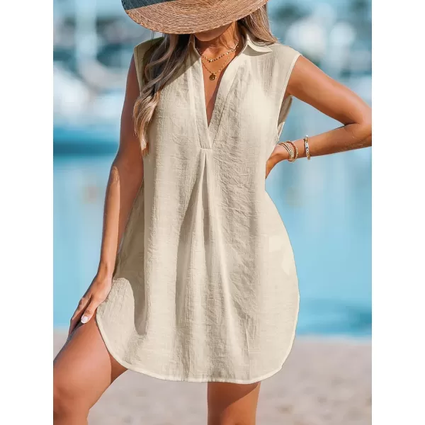 imageCUPSHE Women Basic Collar CoverUp Dress V Neck Shirts Casual Summer Sleeveless Solid Cover Up TopsKhaki