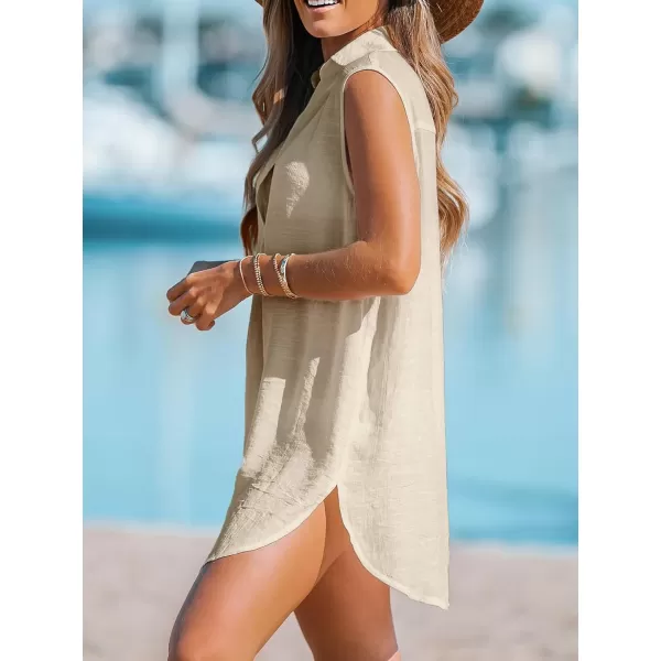 imageCUPSHE Women Basic Collar CoverUp Dress V Neck Shirts Casual Summer Sleeveless Solid Cover Up TopsKhaki