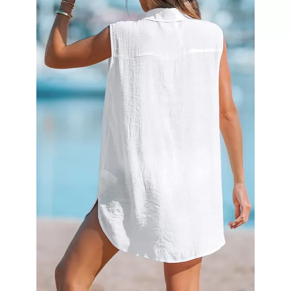 imageCUPSHE Women Basic Collar CoverUp Dress V Neck Shirts Casual Summer Sleeveless Solid Cover Up TopsWhite