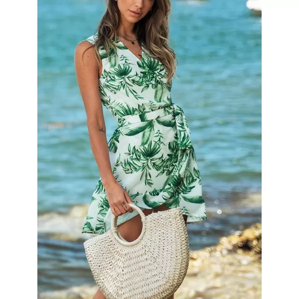 imageCUPSHE Women Beach Tropical Leaf Wrap VNeck CoverUp Dress Summer Tanks Dress with BeltGreen