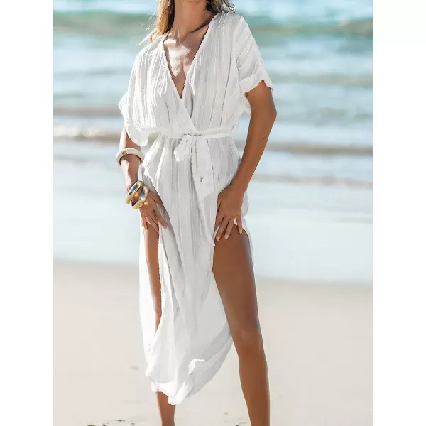 imageCUPSHE Women Belted CoverUp Maxi Dress V Neck Short Sleeves Cover Up Casual SummerWhite