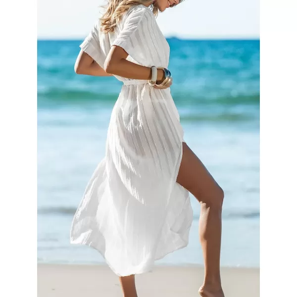 imageCUPSHE Women Belted CoverUp Maxi Dress V Neck Short Sleeves Cover Up Casual SummerWhite