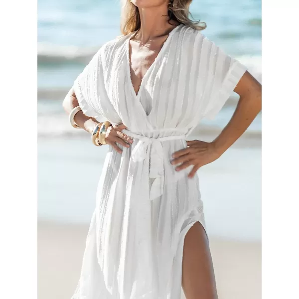 imageCUPSHE Women Belted CoverUp Maxi Dress V Neck Short Sleeves Cover Up Casual SummerWhite