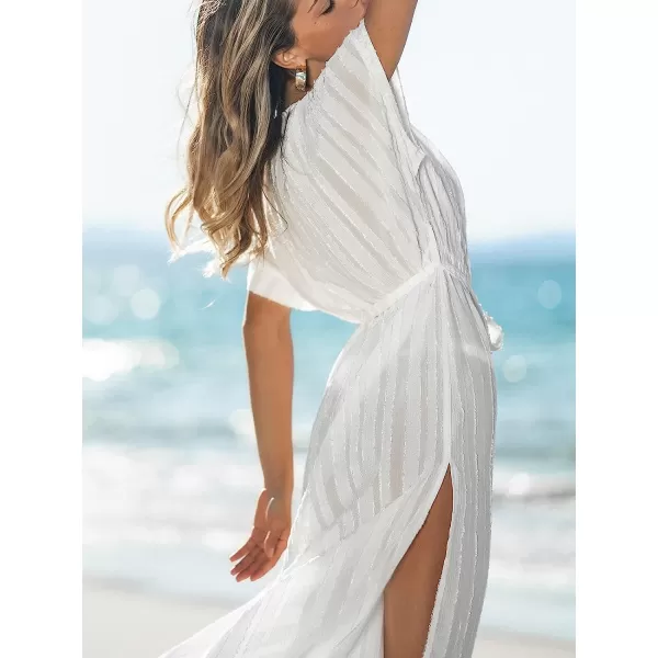 imageCUPSHE Women Belted CoverUp Maxi Dress V Neck Short Sleeves Cover Up Casual SummerWhite