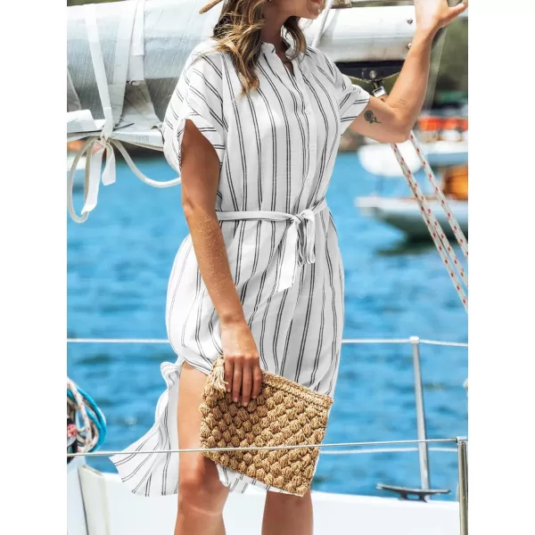 imageCUPSHE Women Belted Striped CoverUp Dress Casual Summer Buttonfront Closures Short Sleeve Cover UpBlack Stripes
