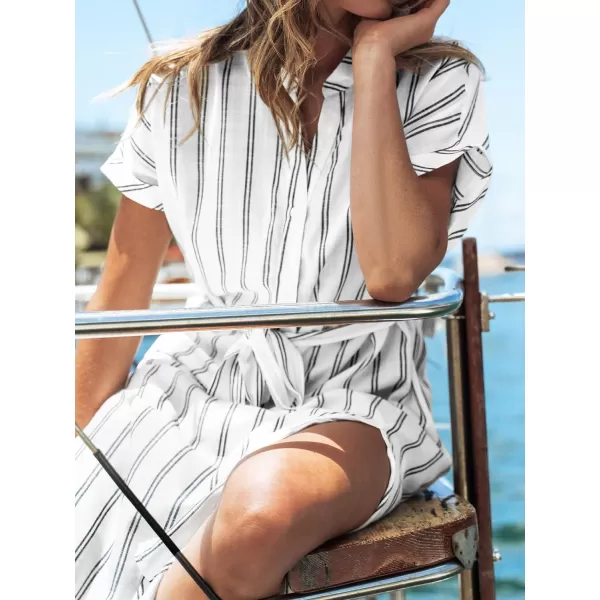 imageCUPSHE Women Belted Striped CoverUp Dress Casual Summer Buttonfront Closures Short Sleeve Cover UpBlack Stripes